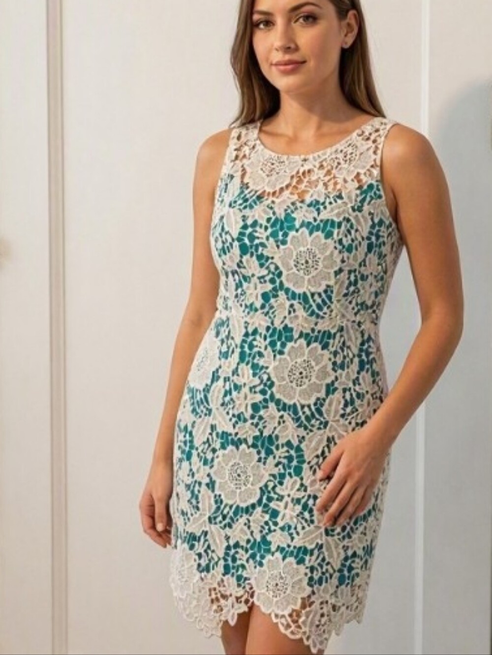 Turquouse Sleeveless Shift with Cream Lace Overlay - Knee Length - L